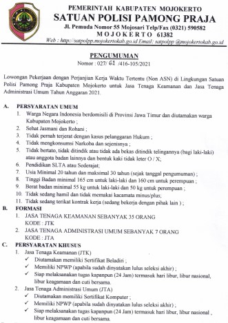 PENGUMUMAN PENGADAAN JASA TENAGA KEAMANAN DAN JASA TENAGA ADMINISTRASI UMUM (NON ASN) DI SATUAN POLISI PAMONG PRAJA KABUPATEN MOJOKERTO TH.2021